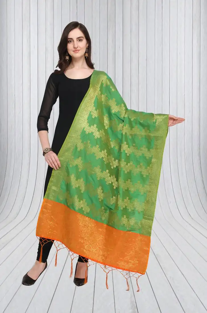 Green banarasi silk blend zari woven dupatta with tussels