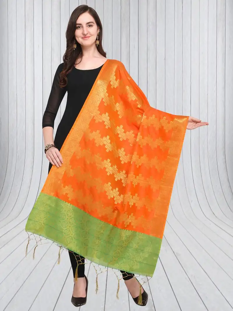 Orange banarasi silk blend zari woven dupatta with tussels