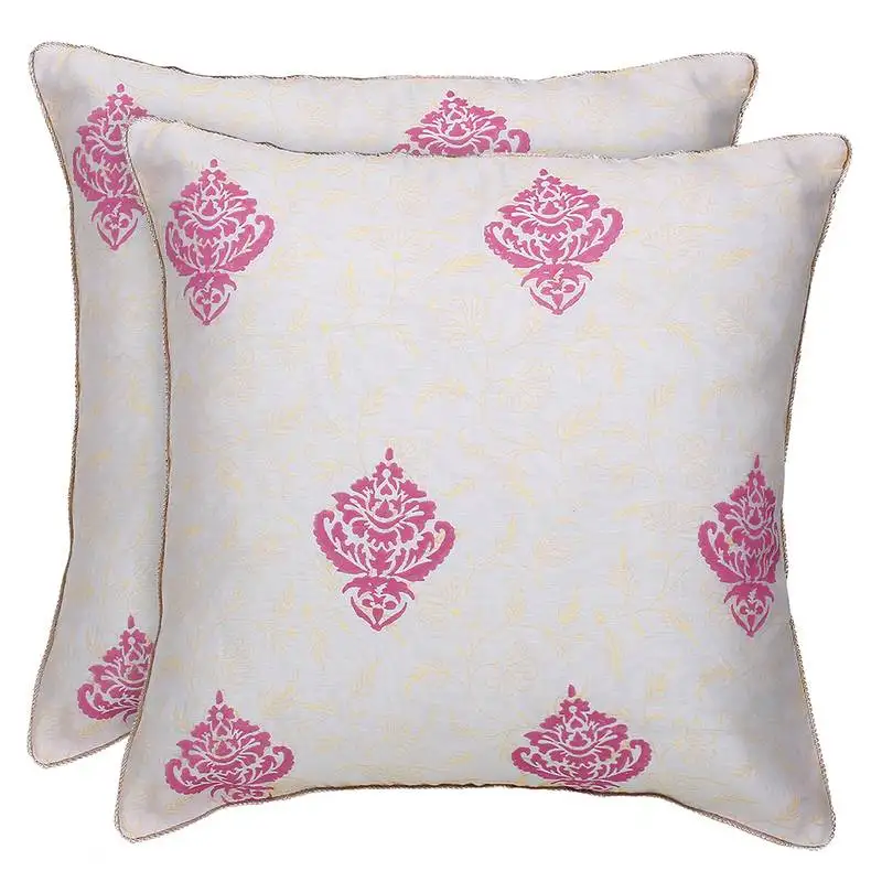 Ivory pink block printed reversible cushion cover (set of 2pcs)