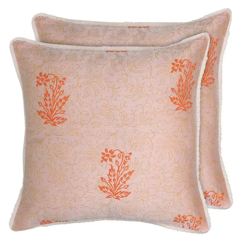 Ivory orange block printed reversible cushion cover (set of 2pcs)