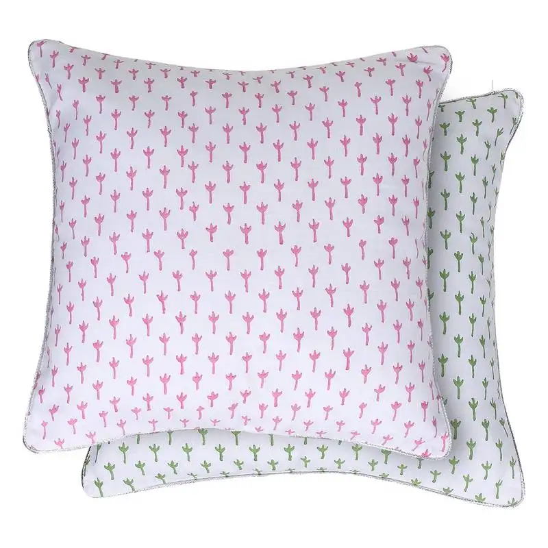 Pink green block printed reversible cushion cover (set of 2pcs)