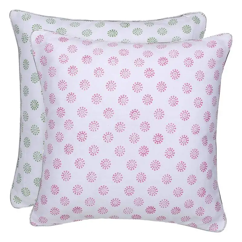 Green pink block printed reversible cushion cover (set of 2pcs)