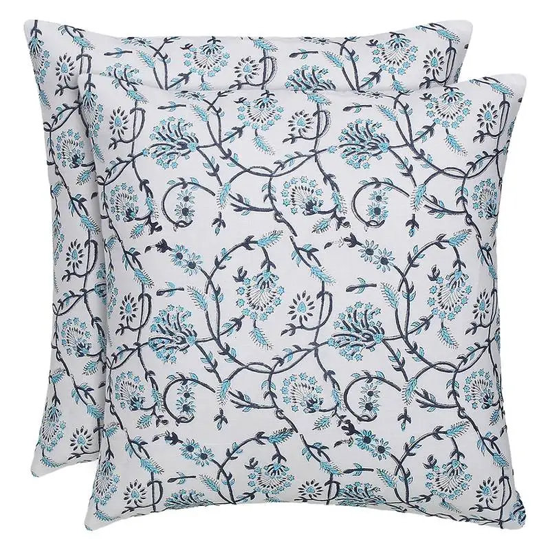 White blue cotton block print cushion cover (set of 2pcs)