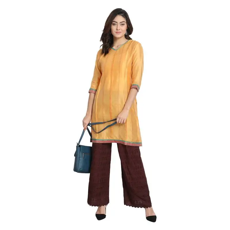 Yellow pleated cotton silk kurta