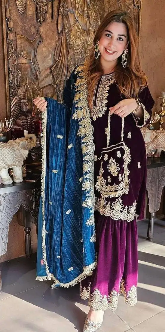 Wine viscose kurta with pant & dupatta stitched