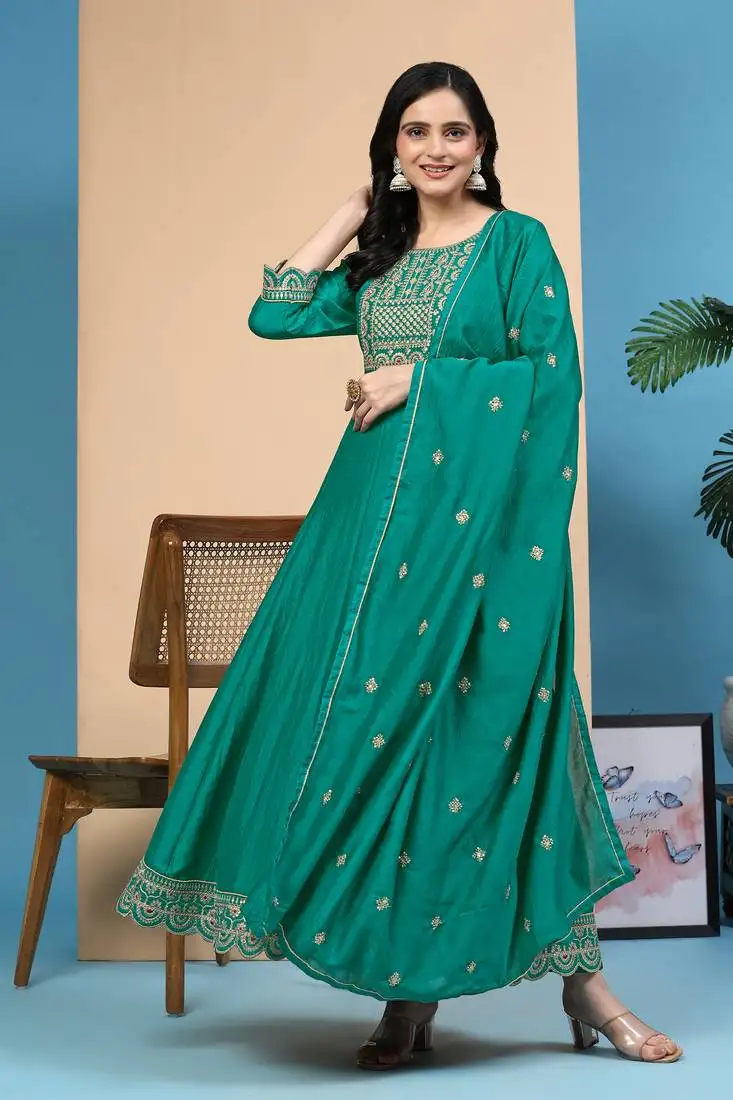 art silk embroidery salwar suit set a line pleated kurta pant with dupatta stitched