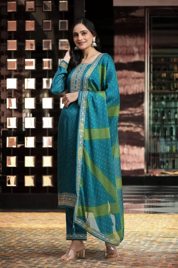 Women's turquoise embroidery bandhani print salwar suit set with dupatta stitched