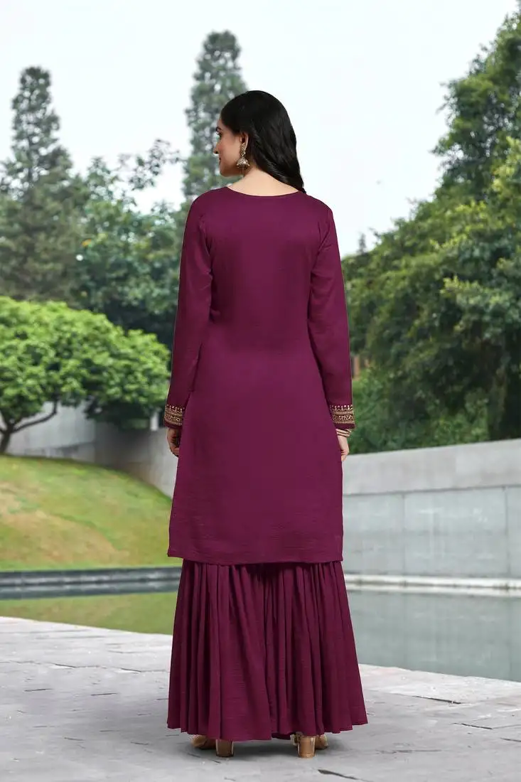 art silk embroidery kurta sharara set with dupatta stitched