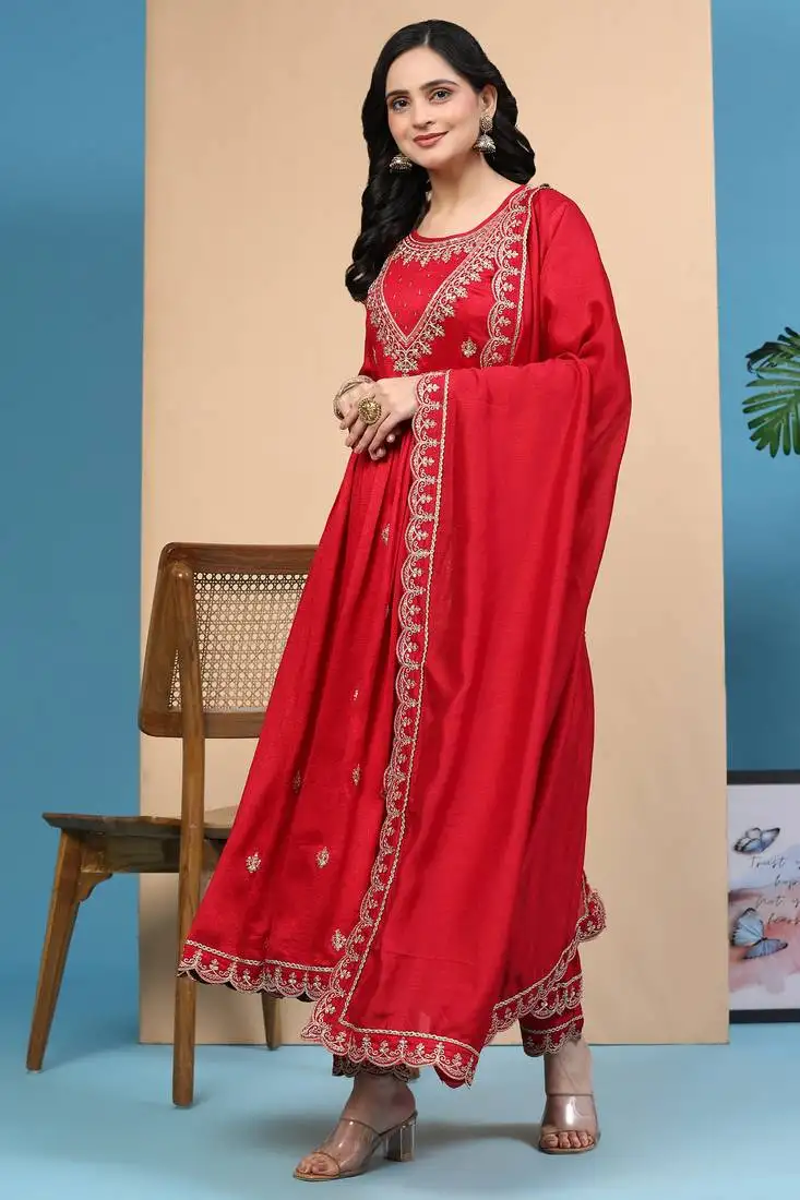 vichitra silk sequence embroidery anarkali kurta pant salwar suit set kurta set for women stitched