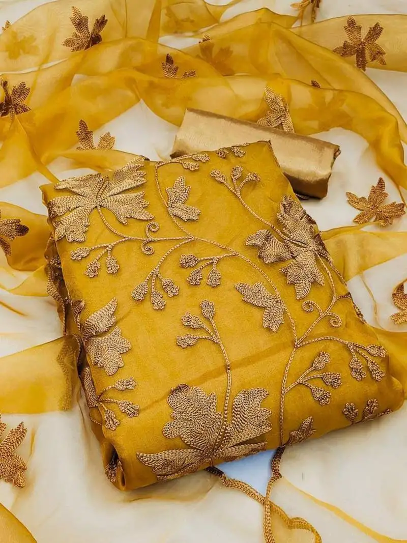 Yellow organza silk floral embroidered suit dress material - unstitched