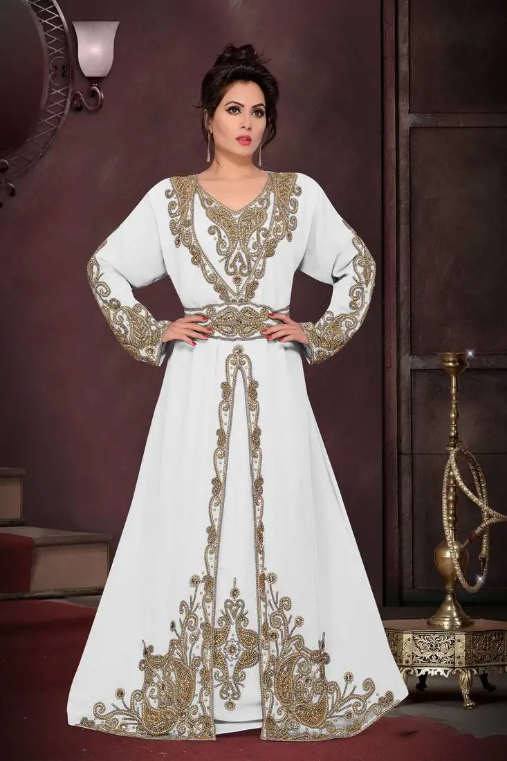 Off- white color luxurious full sleeves handmade moroccan kaftan.