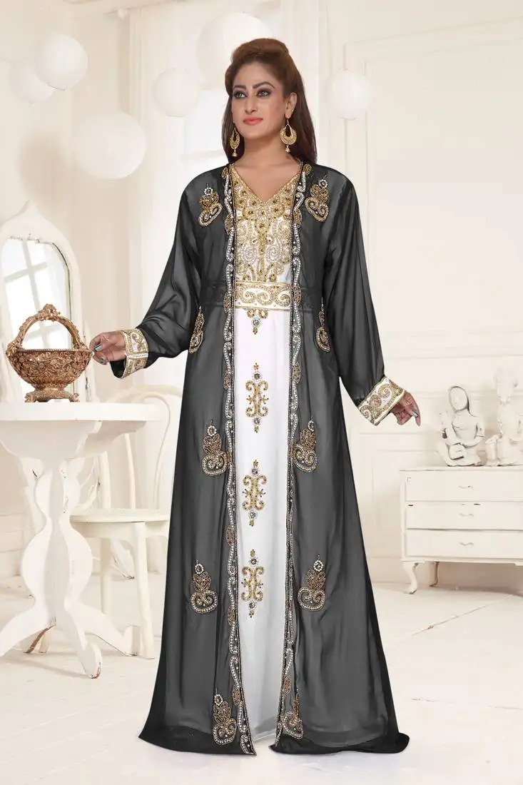 Black & white color luxurious full sleeves handmade two-piece jacket style moroccan kaftan.
