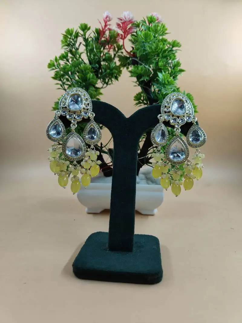 yellow beads kundan mirror jhumka beautiful chaandbalis for wo