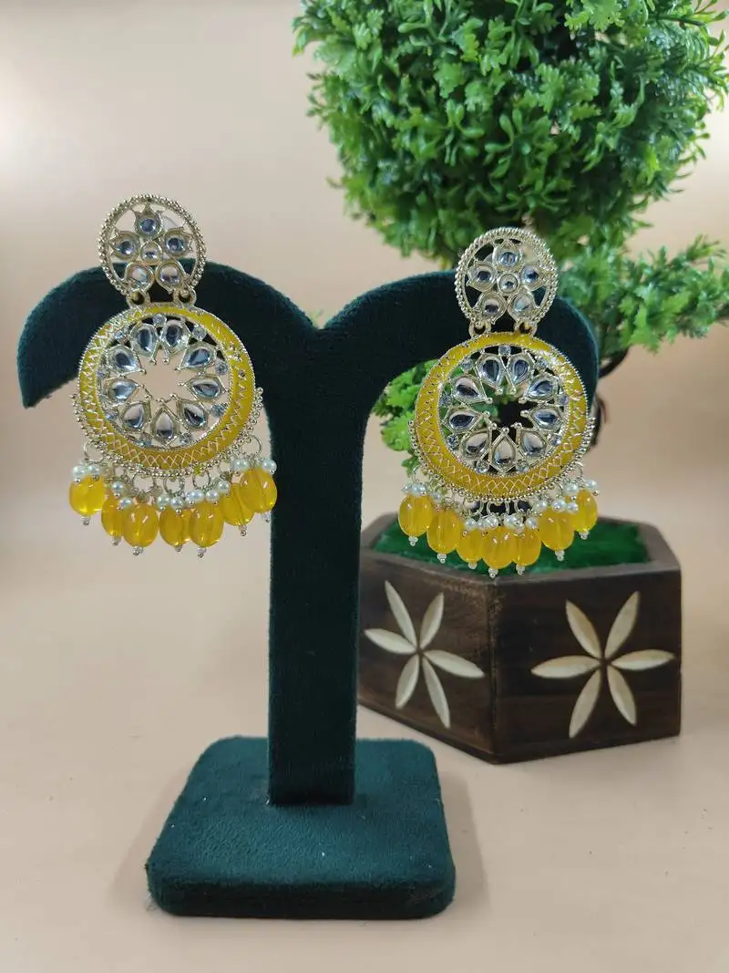 yellow color, and pearl ethnic earrings for wo - lightweight earrings