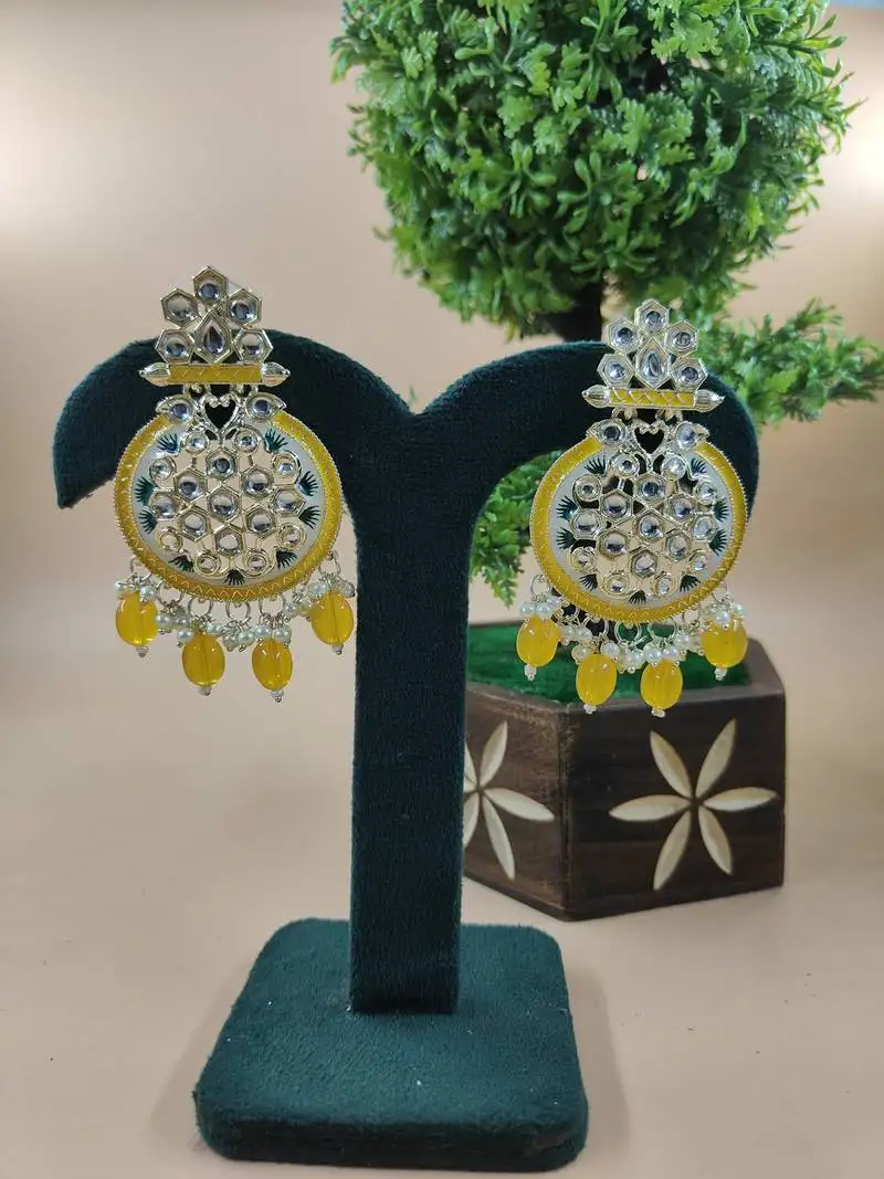 yellow beads, and kundan ethnic earrings for wo - lightweight earrings