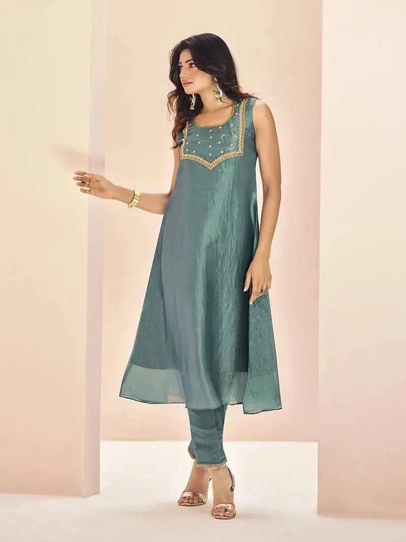 Aqua blue embellished organza sleeveless kurta set stitched