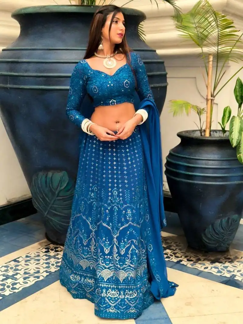 Traditional blue lehenga choli with embroidered and georgette dupatta