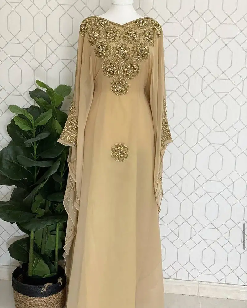 Beige georgette embroidered stone work stitched dress kaftan party wear wedding dresses
