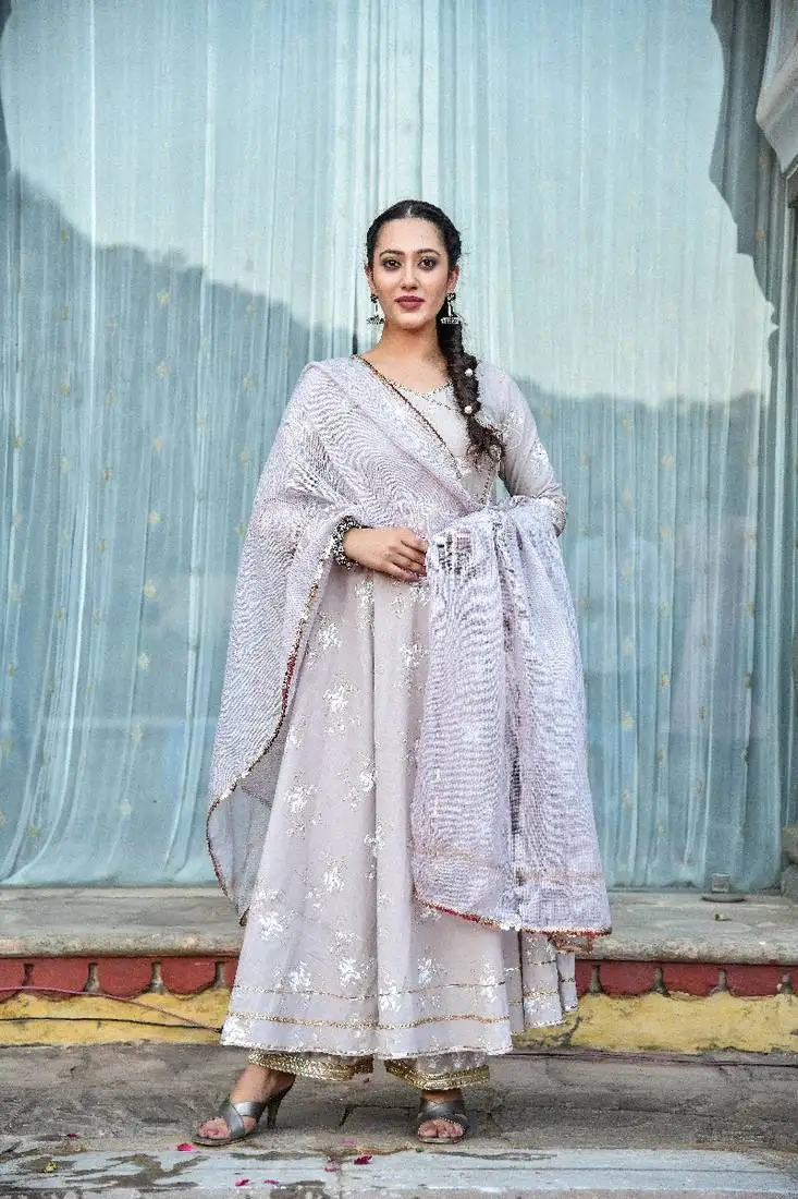 3 piece off centre open anarkali with pants and kota doria dupatta