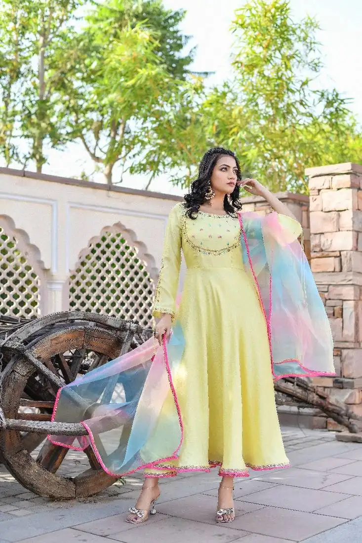 Lemon yellow sequence & resham embroidered anarkali set with multi-color organza dupatta