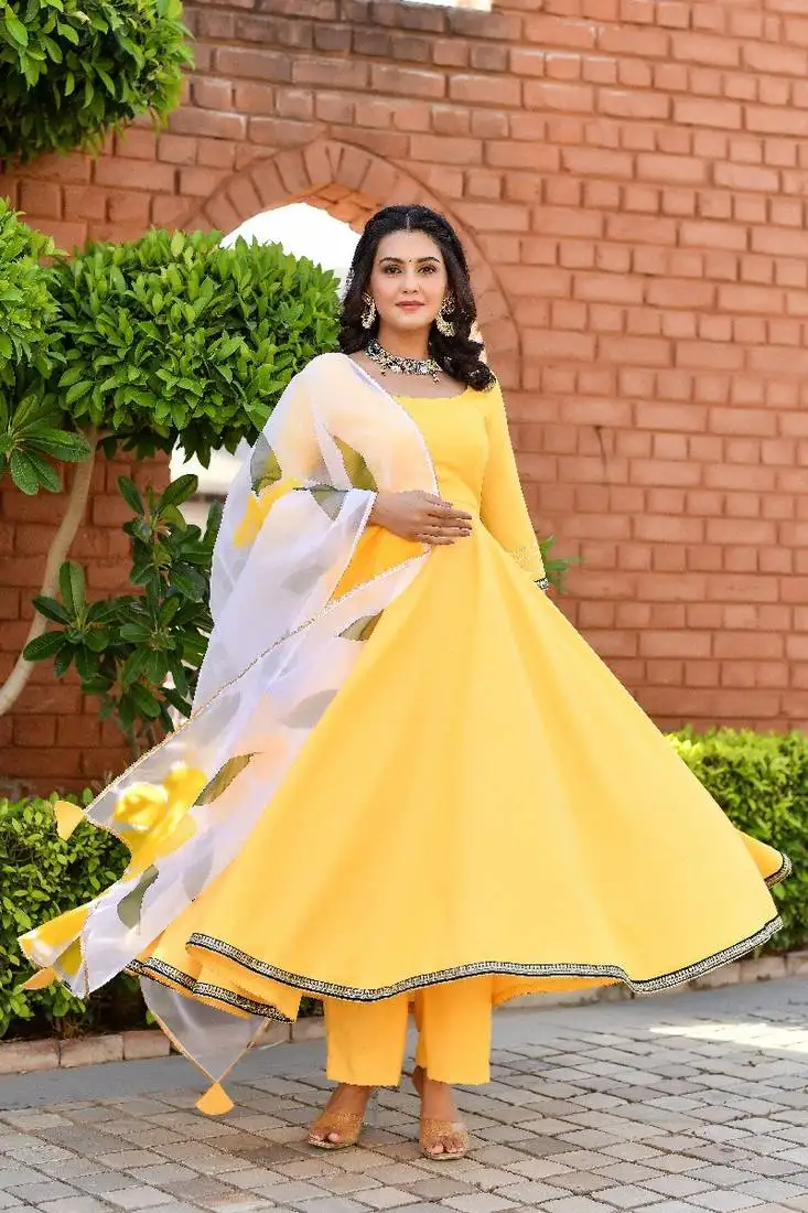 Mango yellow empire cut anarkali set with floral organza dupatta