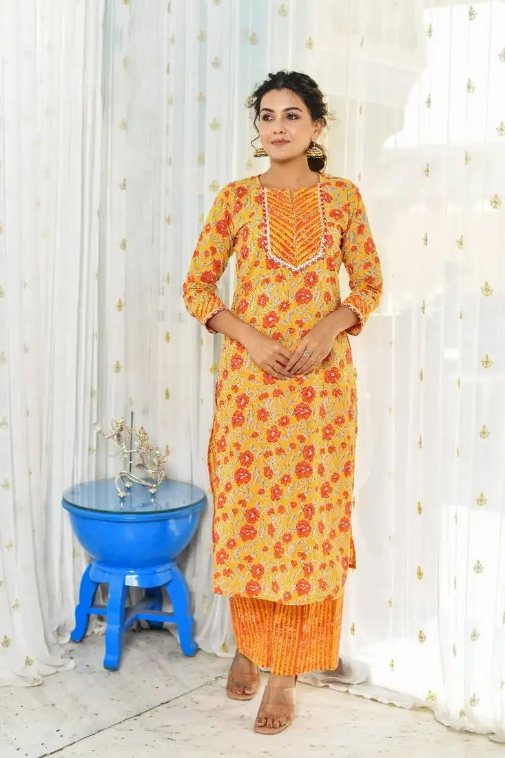 Yellow and orange 2 piece floral regular fit kurta and orange stripped palazzo