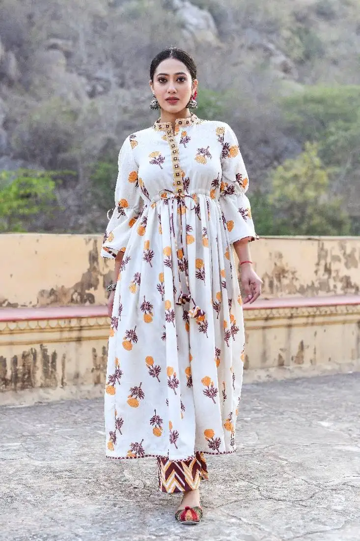 2 piece anarkali style, gathered waist gorgeous block print flared kurta and wrick wrack pant set.