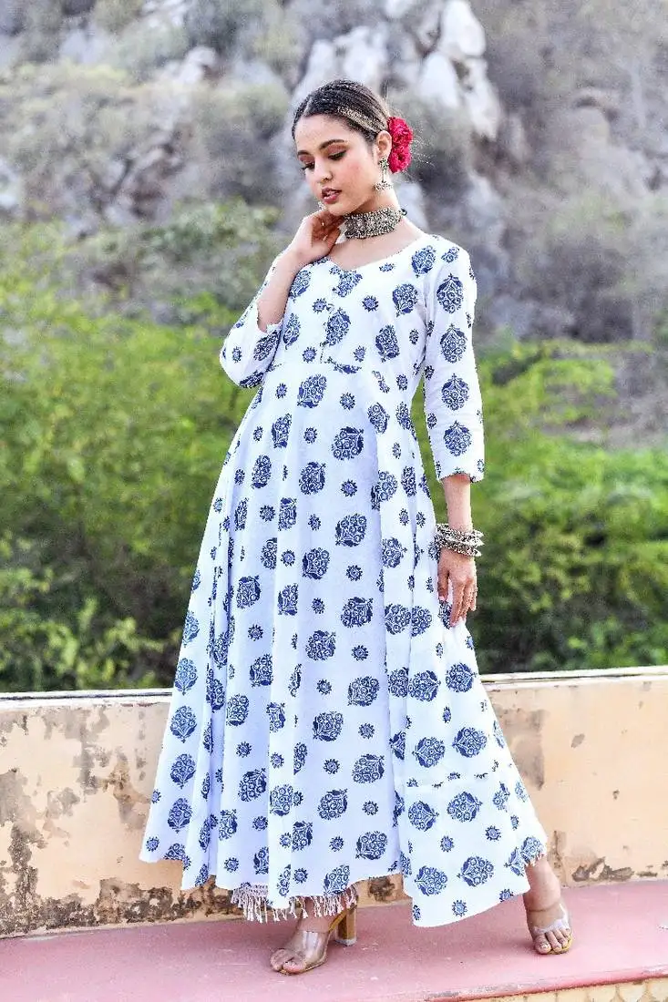 2 piece full sweep bias cut anarkali style kurta set and indigo palazzo.
