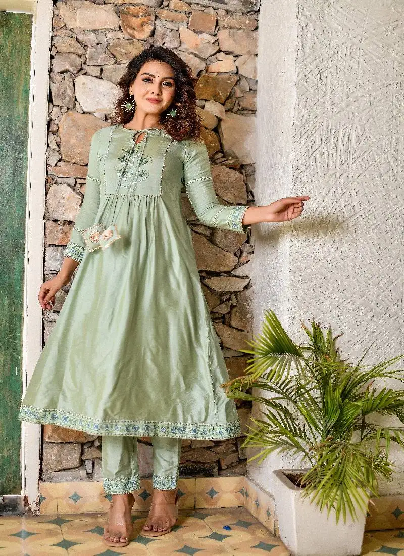 2-piece shiny green kurta pant sets