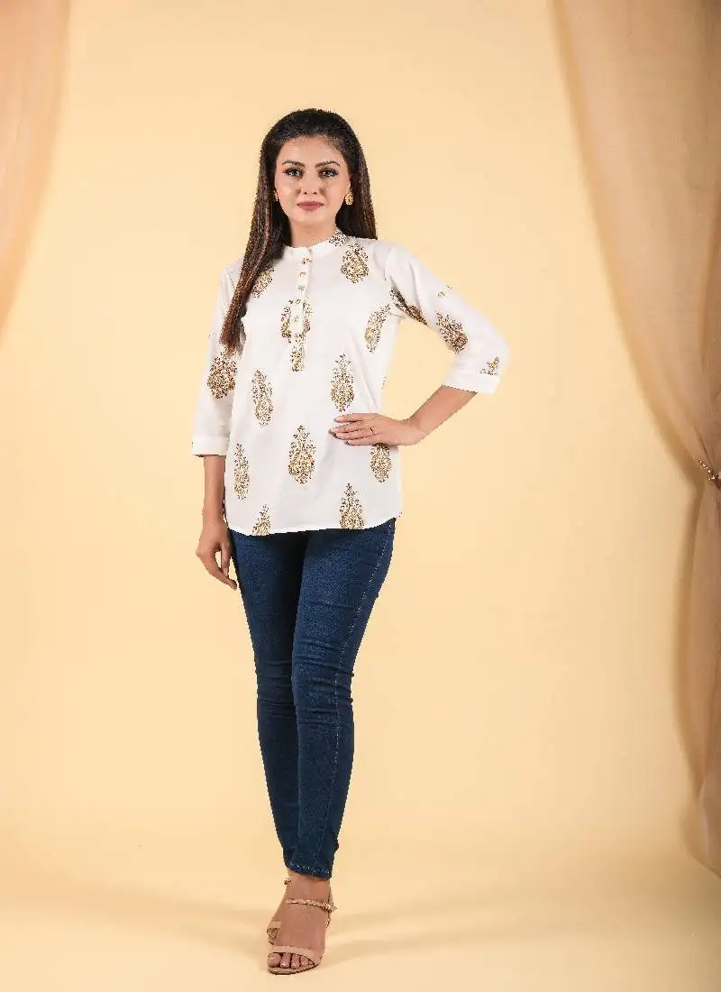 Off white hand block printed cotton shirt