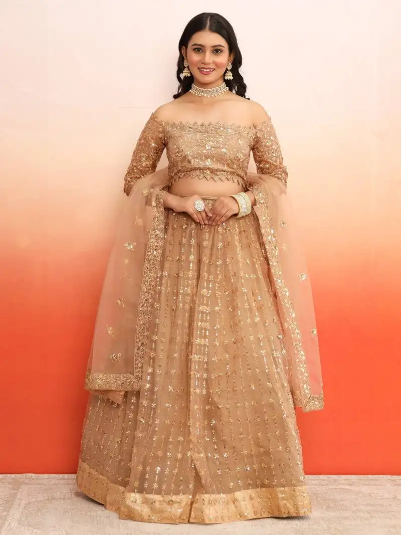 Beige gold off-shoulder lehenga choli for women