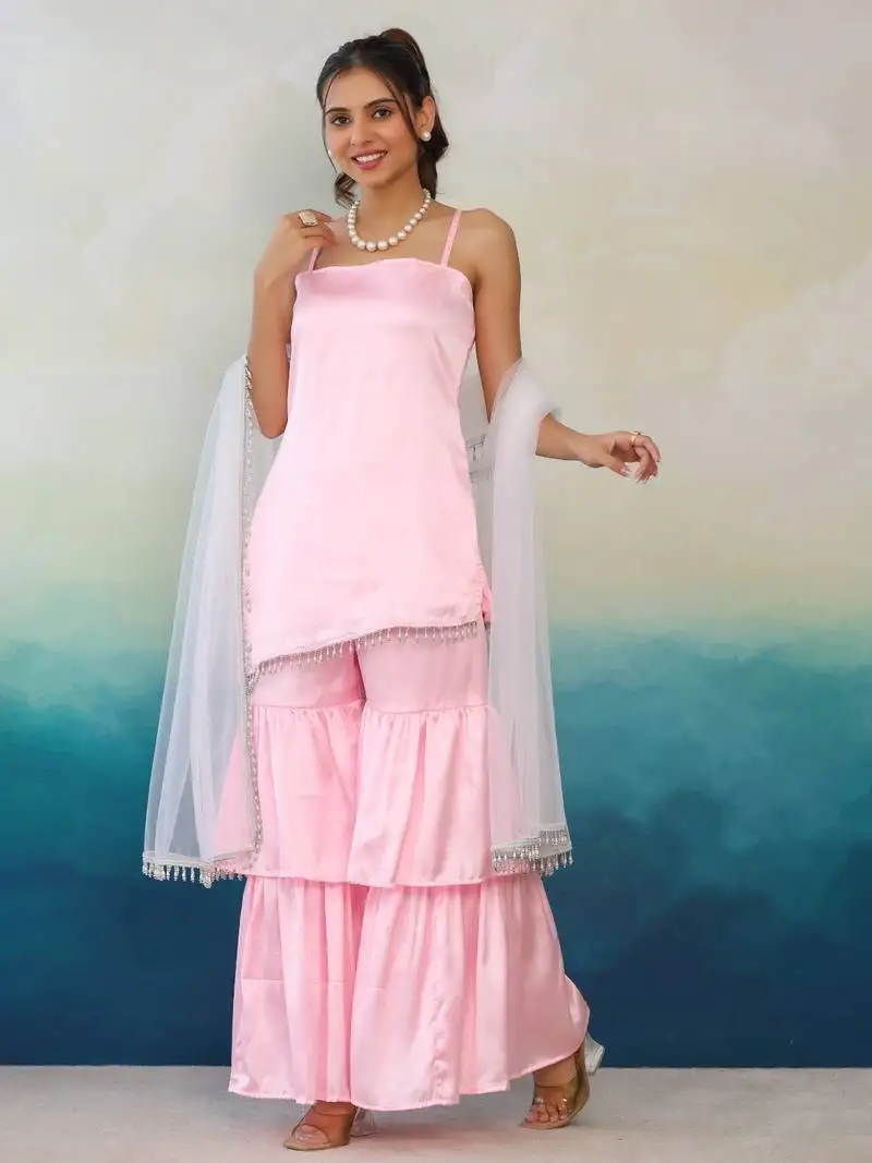 baby pink color sharara set with white net dupatta