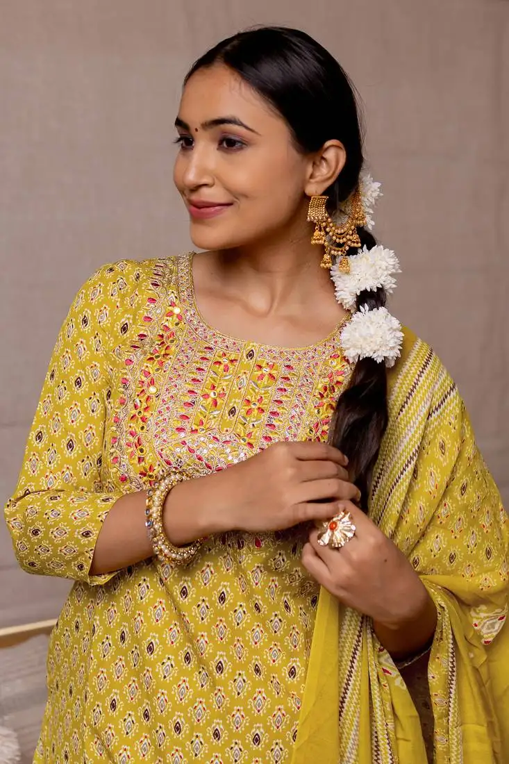 Yellow white block print mirror work cotton kurta with pant and dupatta set