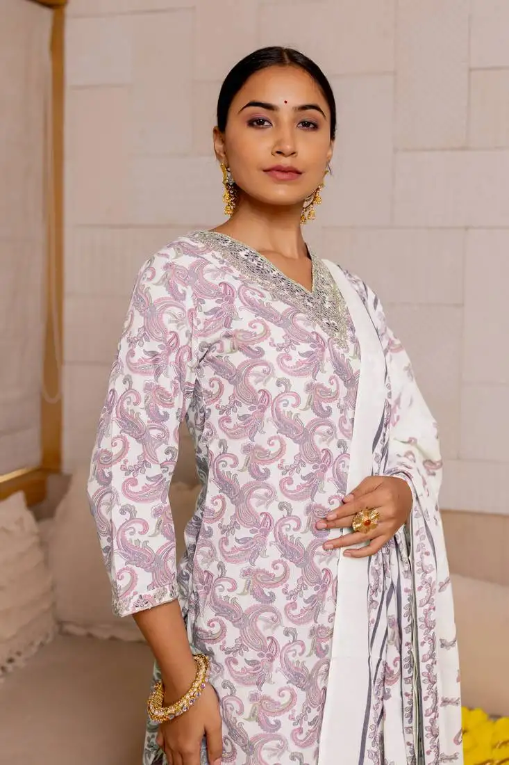 White purple kalamkari print zardosi embroidery cotton kurta with pant and dupatta set
