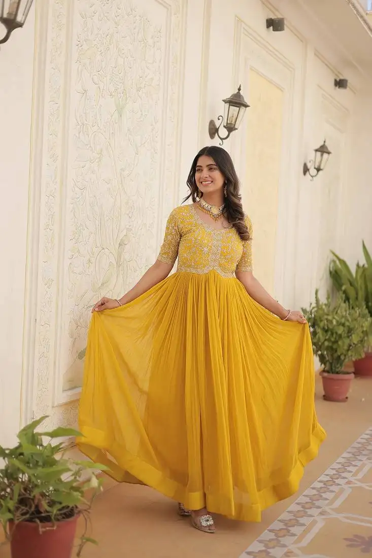 Yellow georgette silver aari work embroidery long kurta