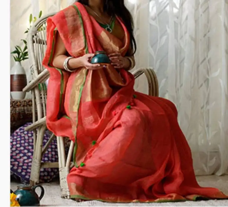 Orange linen saree with blouse