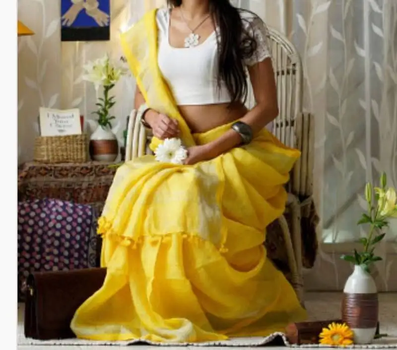 Yellow linen saree with blouse