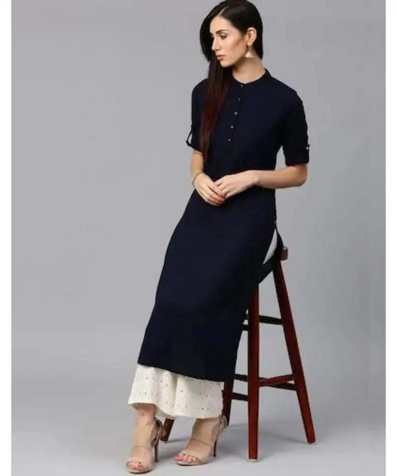 Blue plain cotton stitched kurti