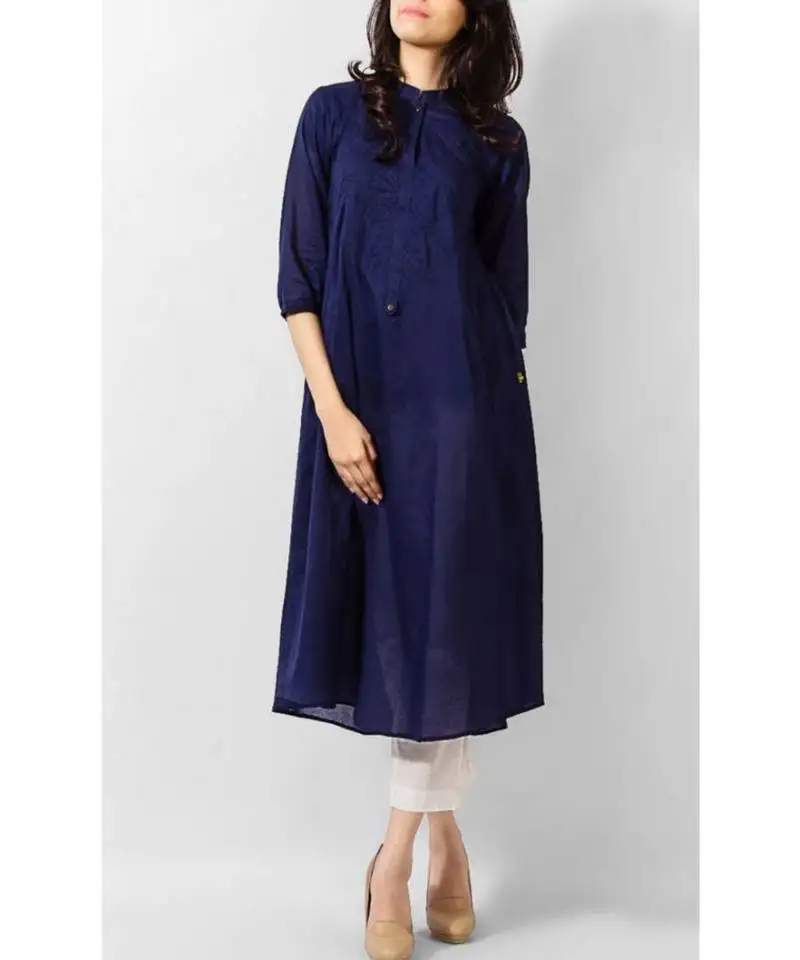 Blue plain linen stitched kurti