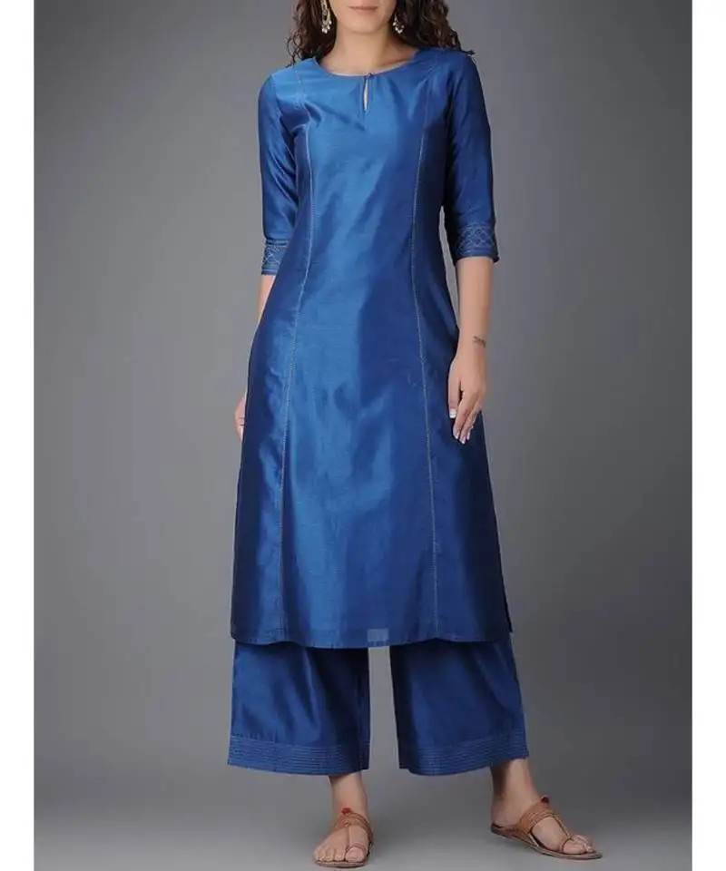 Blue plain chanderi stitched kurti