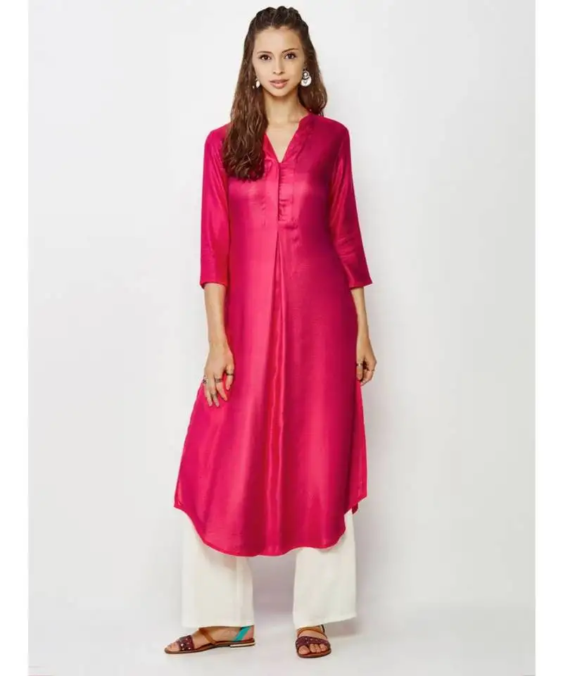 Magenta plain silk blend stitched kurti