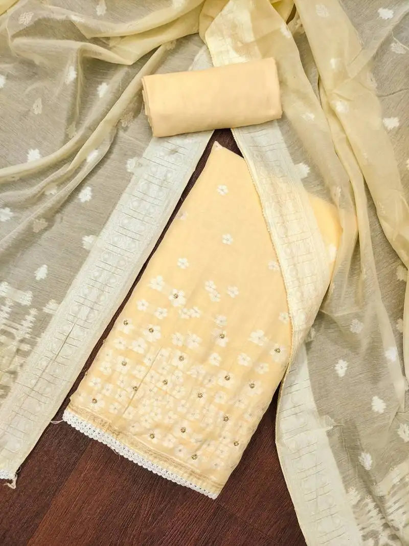 Yellow muslin banarasi unstitched dress material