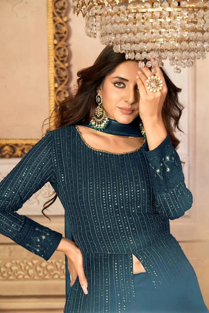 Agreeable teal blue faux georgette semi stitched festive women's salwar suits semi stitched