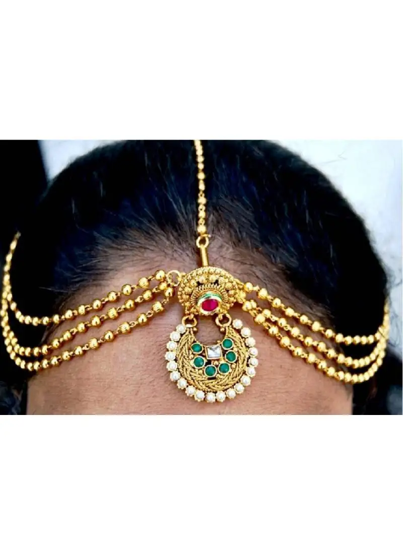 Antique red green maang tikka with pearls