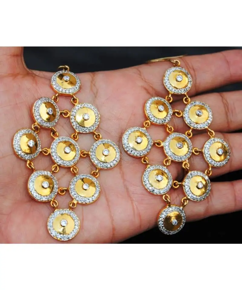 Gold diamond circle dangler earrings