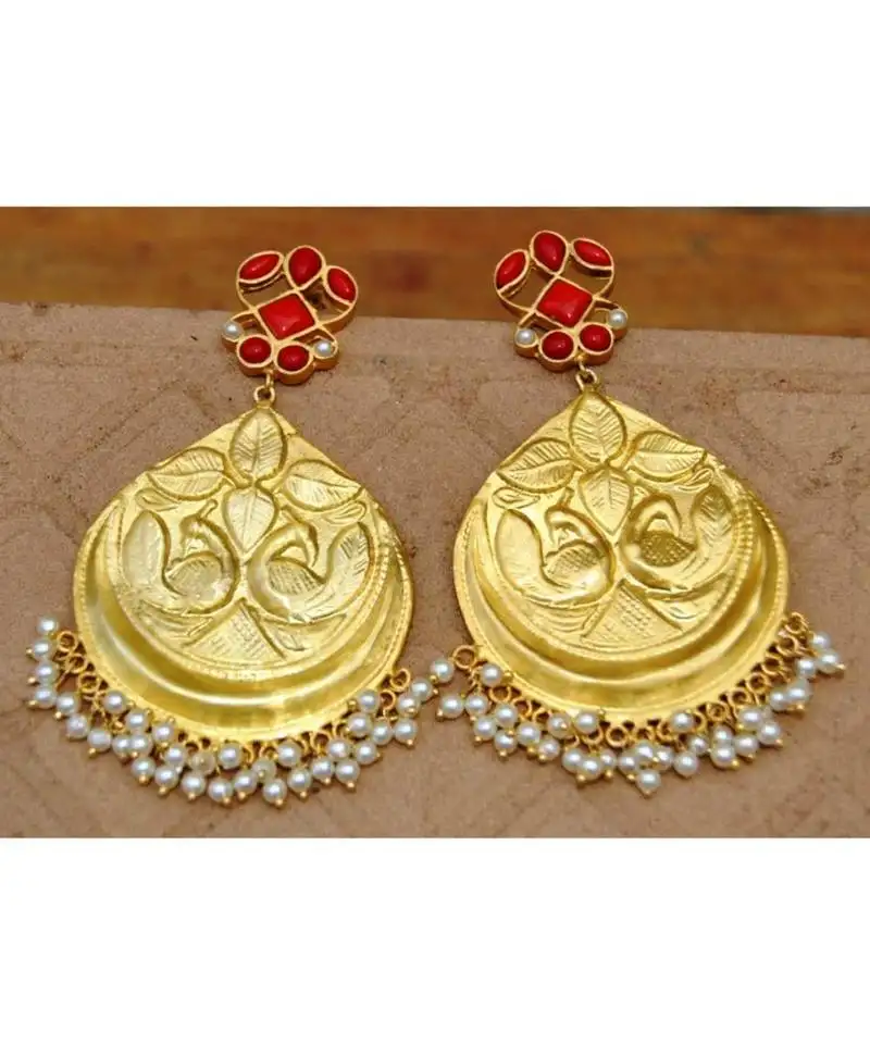 Carved peacock red onyx dangler earrings