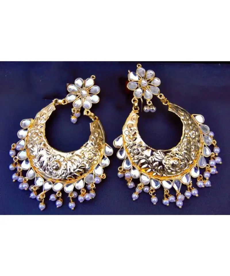 Glamorous gold kundan etchwork dangler earrings