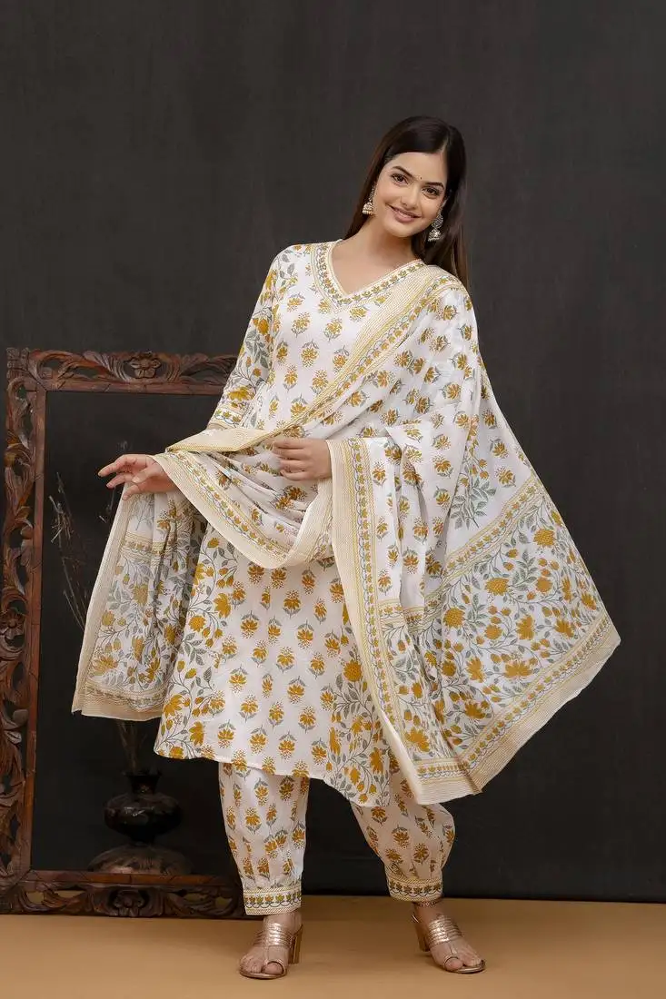 Yellow printed pure cotton handwork kurti pant and dupatta set