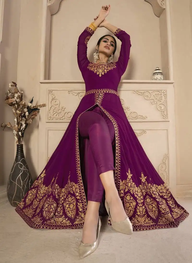 Adorable purple faux georgette semi stitched bollywood women's salwar kameez online semi stitched