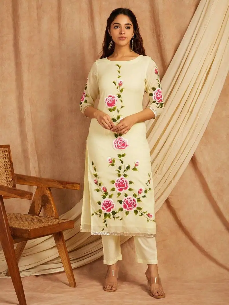 Yellow hand painted long cotton kurta set